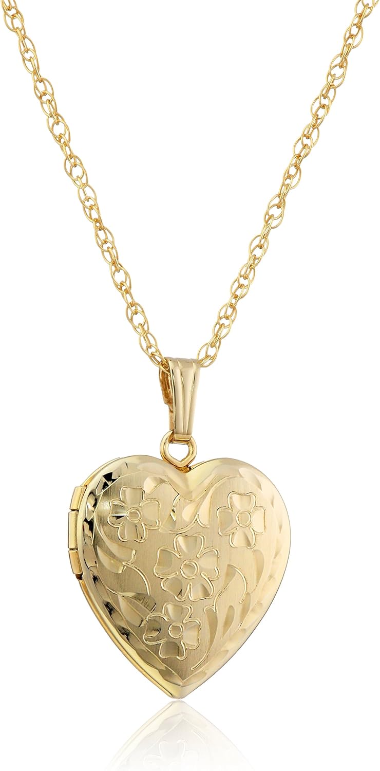 Amazon Essentials 14k Engraved Flowers Heart Locket Necklace, 18