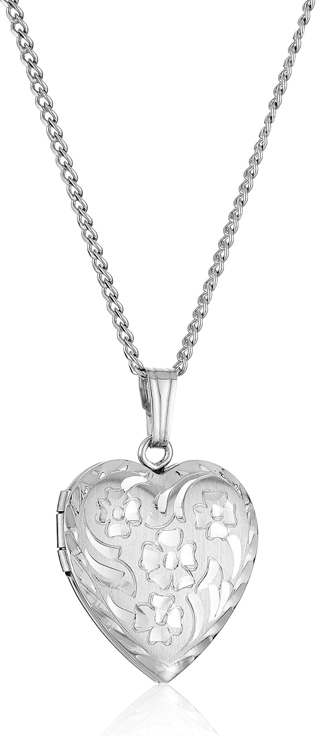 14k gold heart locket necklace with engraved flower design, 18-inch chain, romantic pendant style
