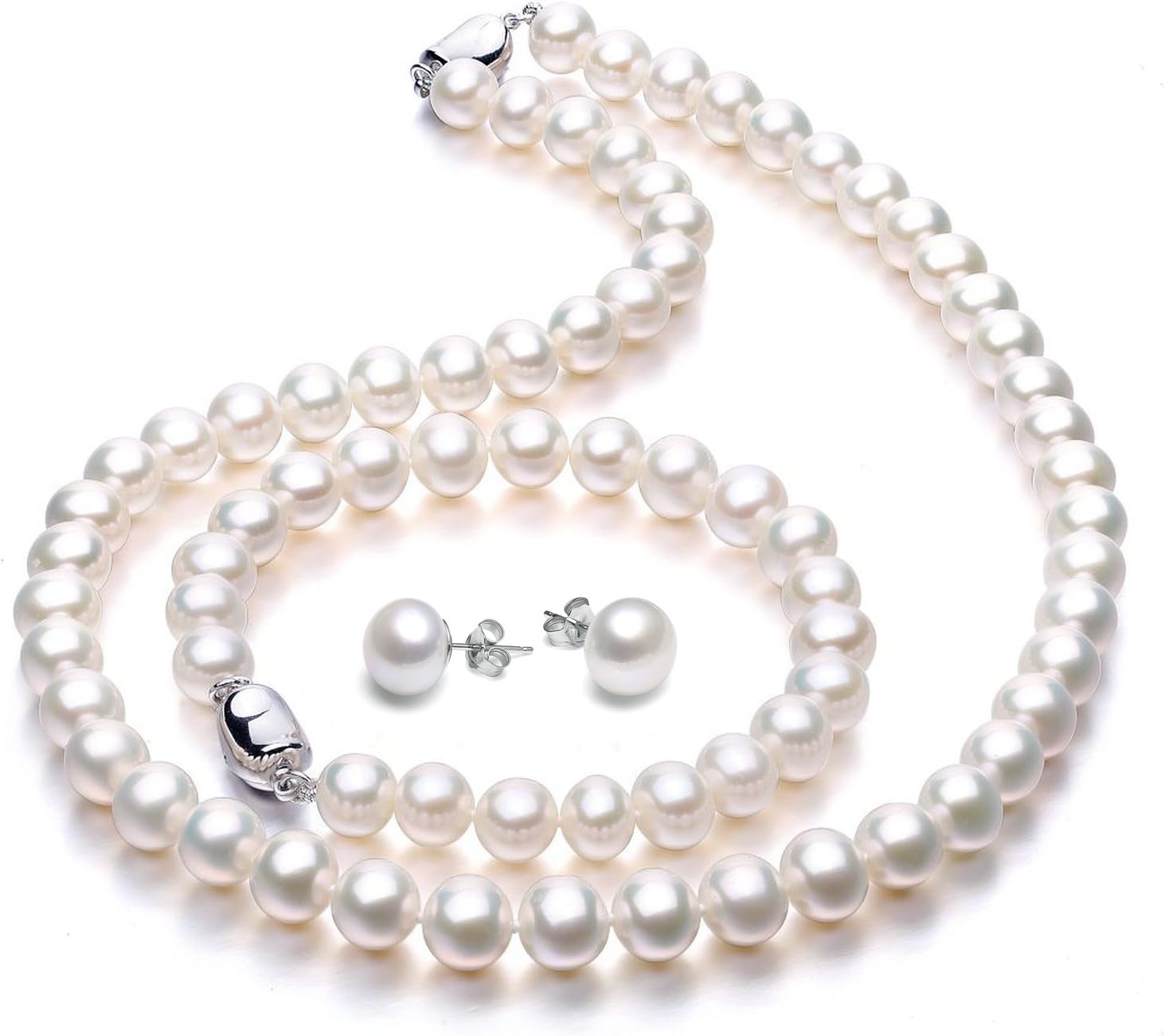 Sterling silver freshwater pearl necklace set with matching bracelet and stud earrings, classic style