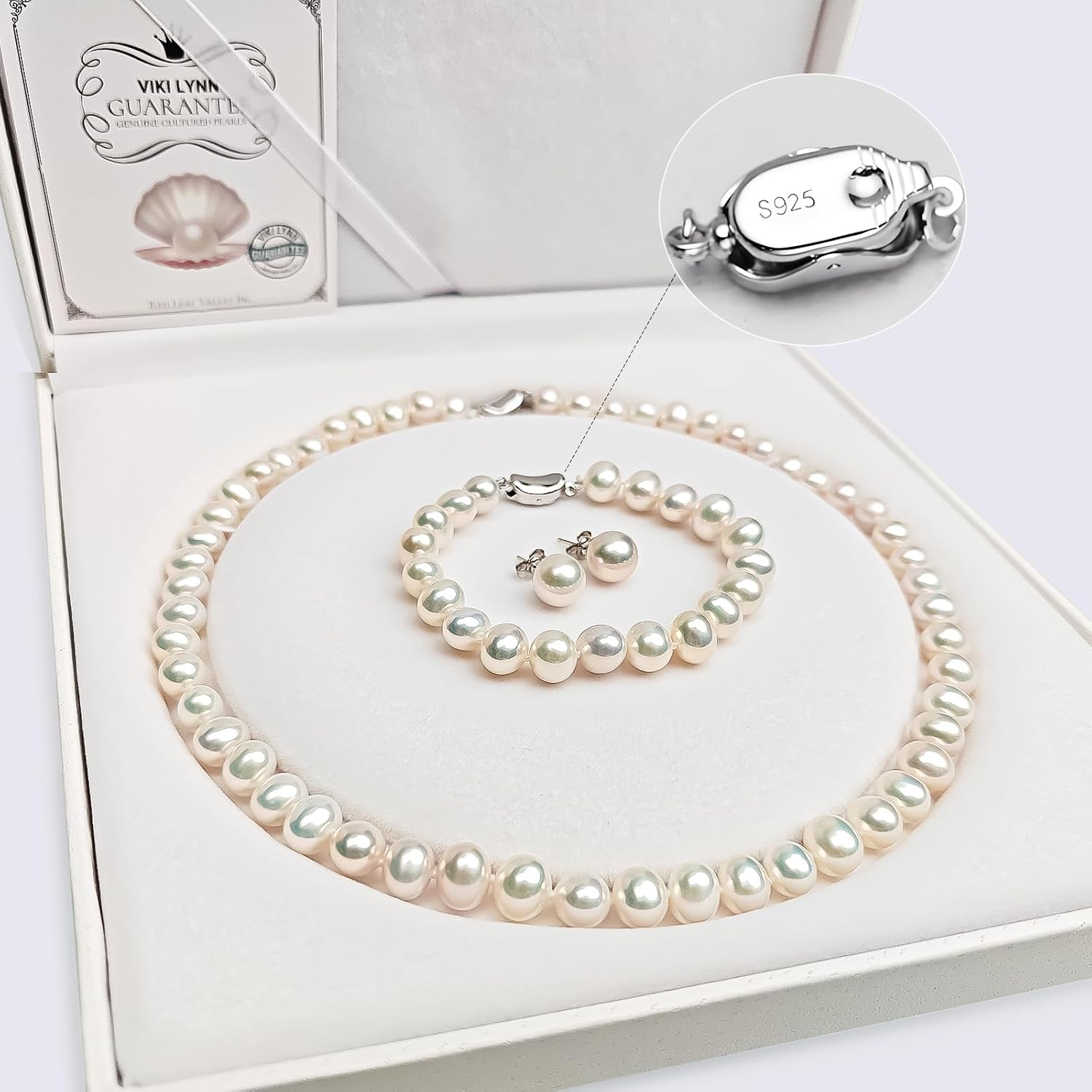 Sterling silver freshwater pearl necklace set with matching bracelet and stud earrings, classic style