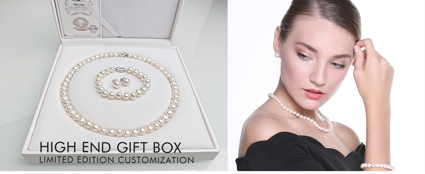 Sterling silver freshwater pearl necklace set with matching bracelet and stud earrings, classic style