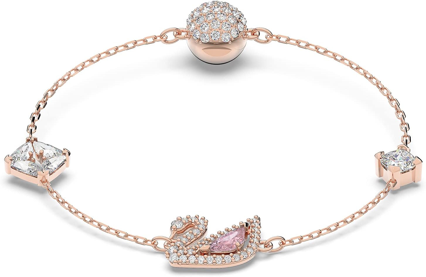 Modern brass swan jewelry set with blue, pink, and clear crystal stones
