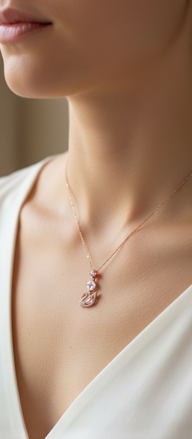 Modern brass swan jewelry set with blue, pink, and clear crystal stones