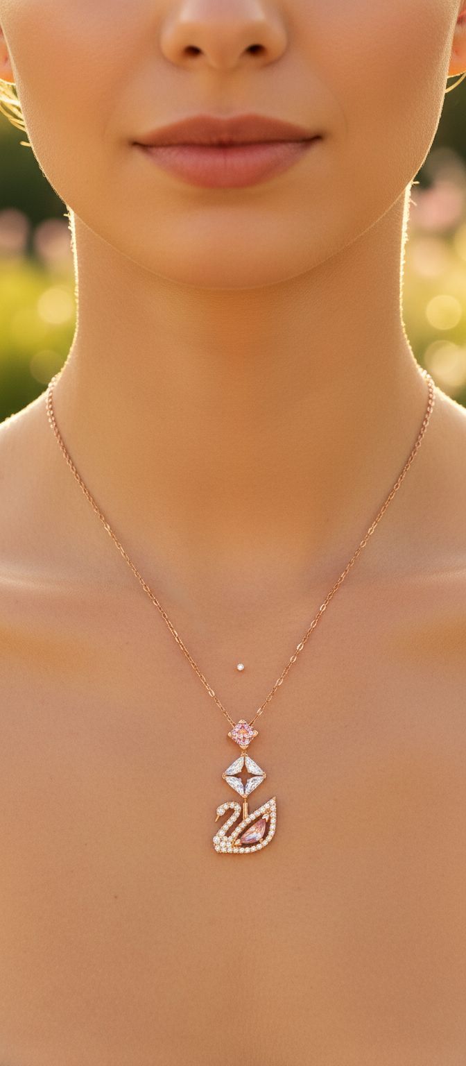 Modern brass swan jewelry set with blue, pink, and clear crystal stones