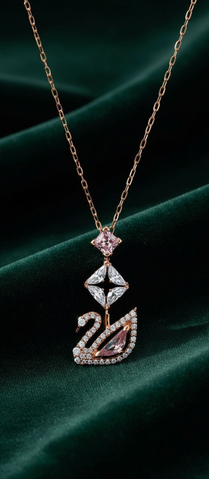 Modern brass swan jewelry set with blue, pink, and clear crystal stones
