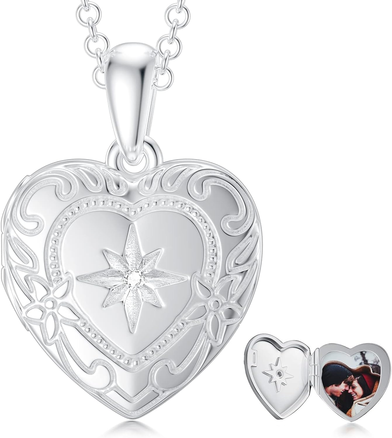 Sterling silver personalized locket necklace with photo compartment, 18-inch chain, romantic memorial pendant