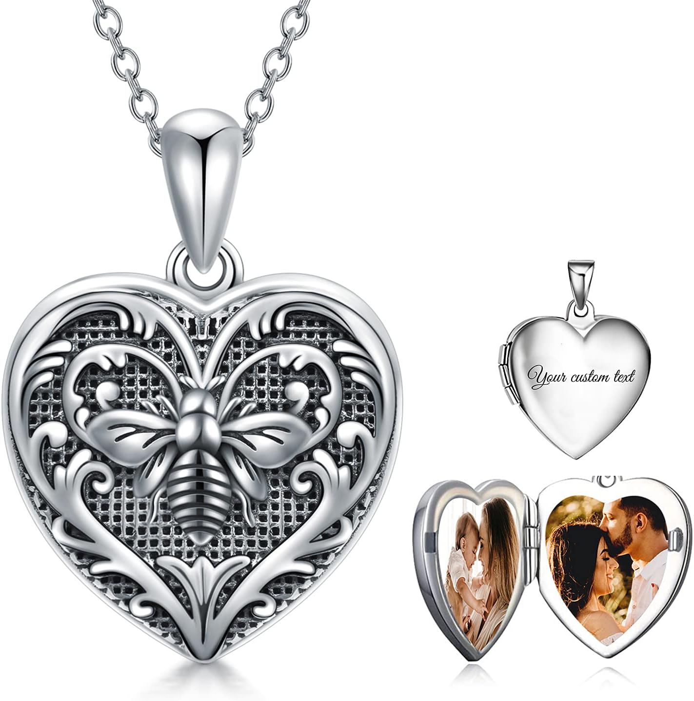 Sterling silver personalized locket necklace with photo compartment, 18-inch chain, romantic memorial pendant