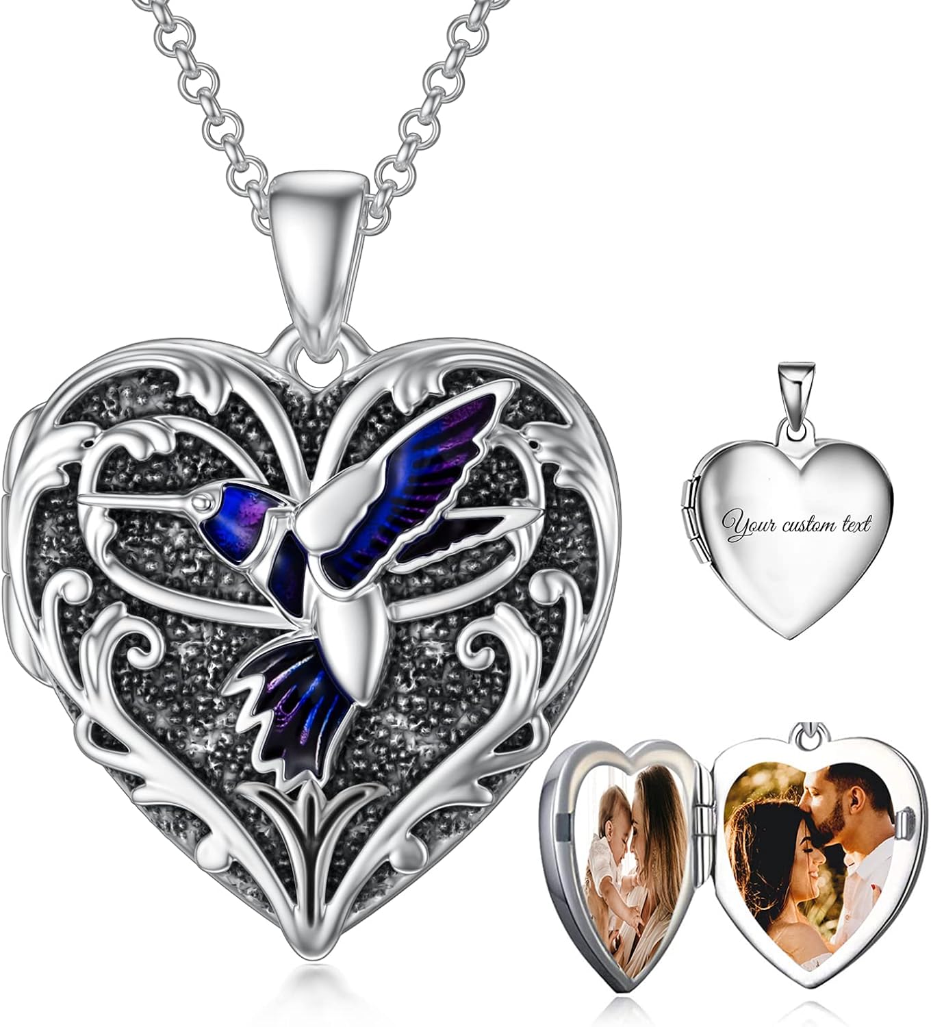 Sterling silver personalized locket necklace with photo compartment, 18-inch chain, romantic memorial pendant