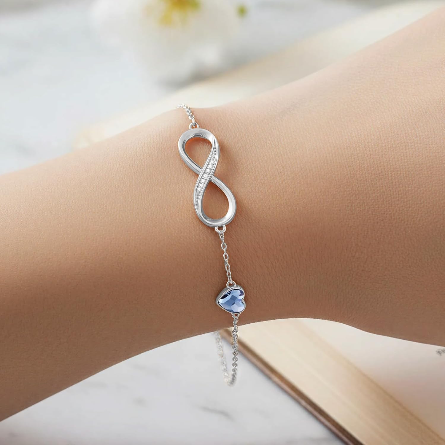 Adjustable 925 sterling silver infinity heart birthstone charm bracelet with romantic design