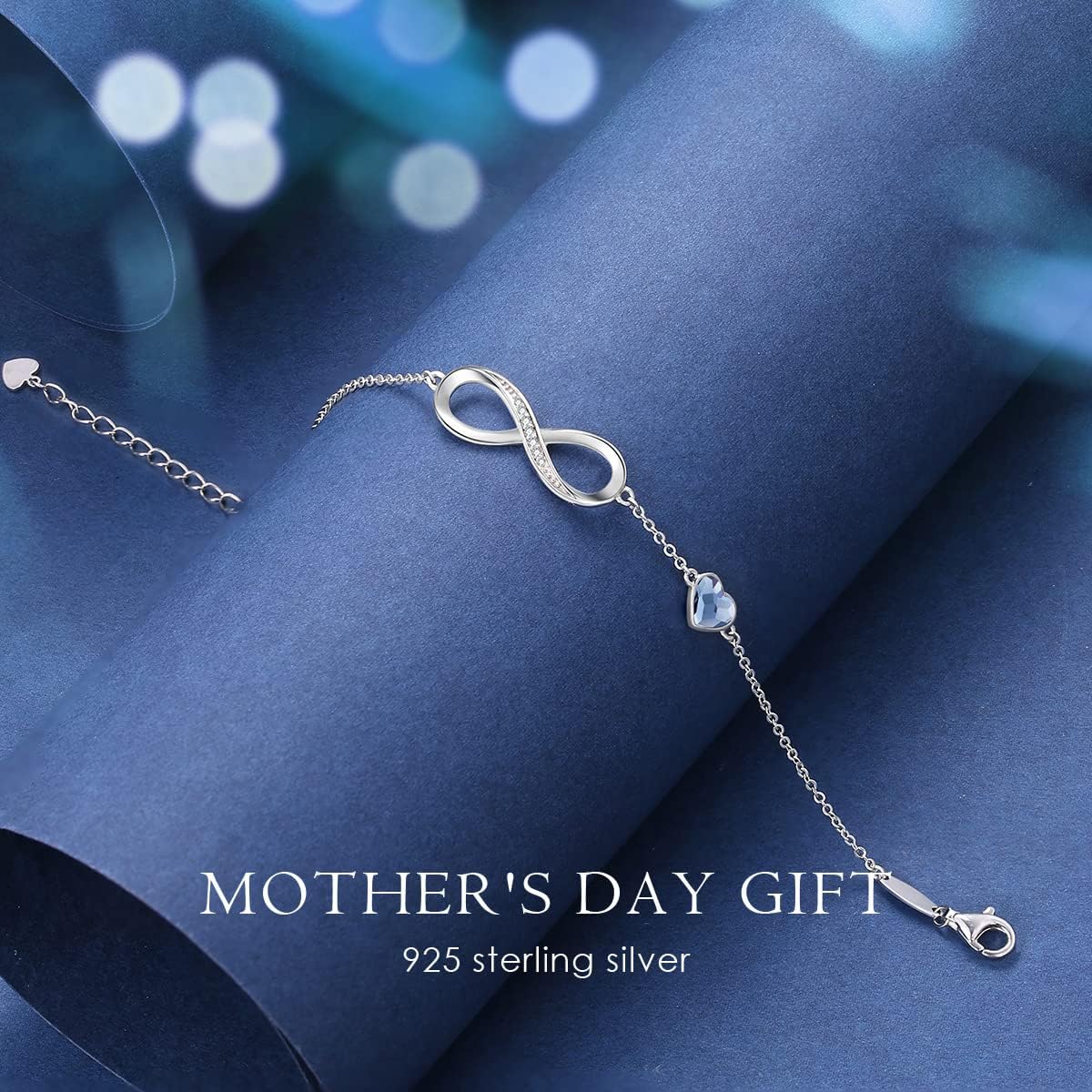 Adjustable 925 sterling silver infinity heart birthstone charm bracelet with romantic design