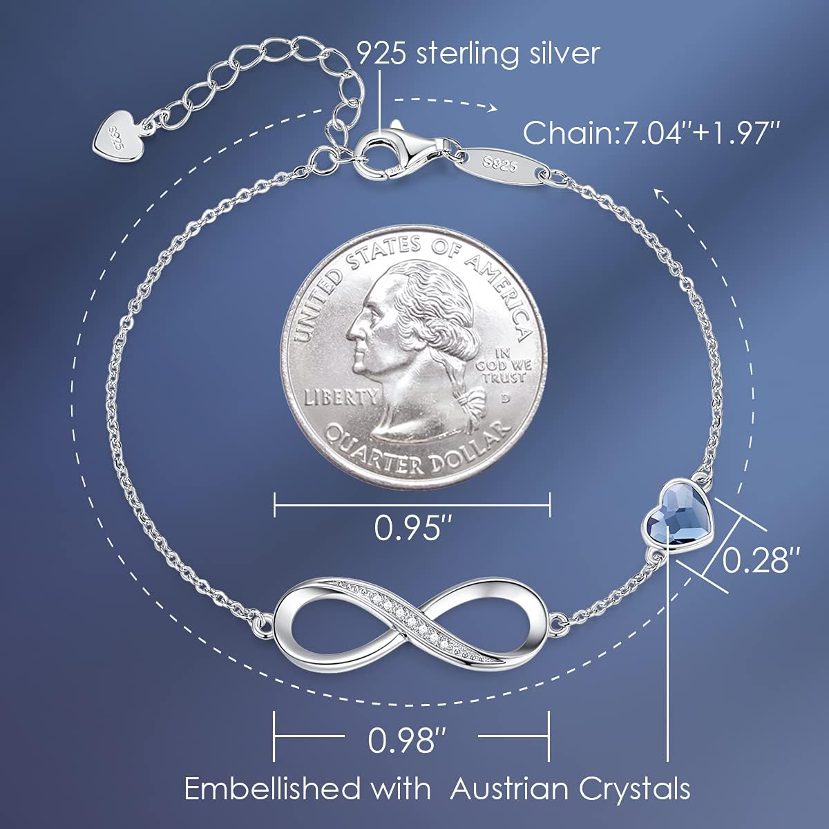 Adjustable 925 sterling silver infinity heart birthstone charm bracelet with romantic design