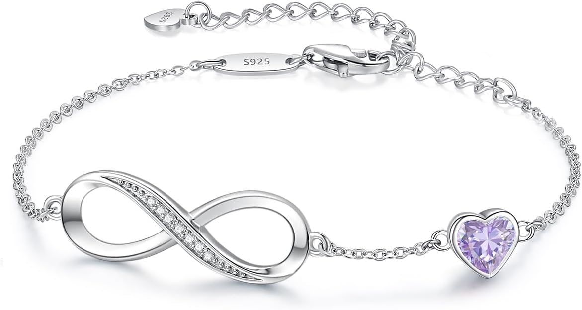 Adjustable 925 sterling silver infinity heart birthstone charm bracelet with romantic design