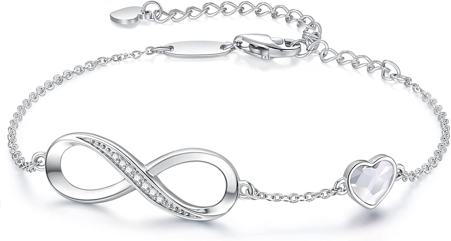 Adjustable 925 sterling silver infinity heart birthstone charm bracelet with romantic design
