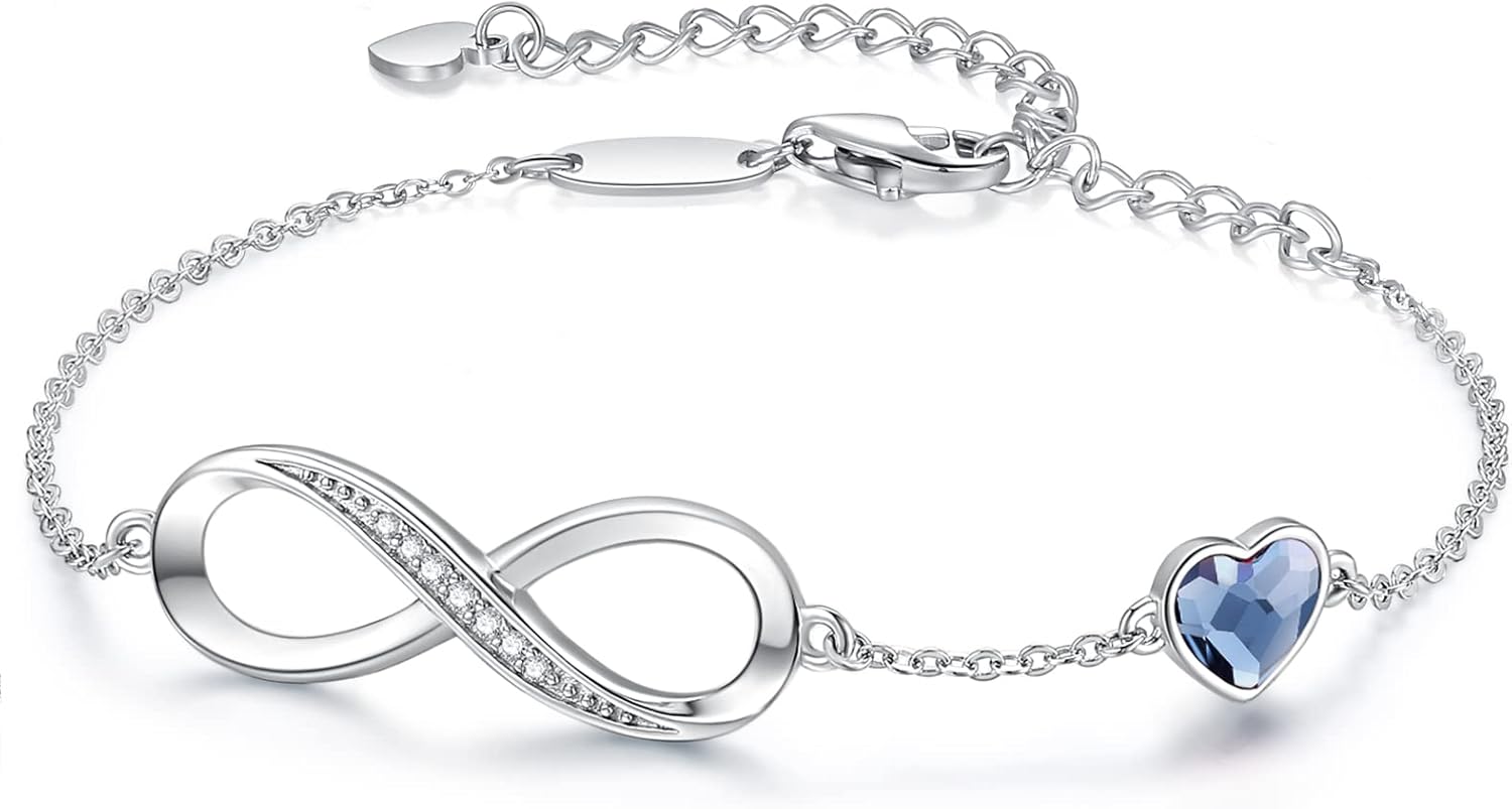 Adjustable 925 sterling silver infinity heart birthstone charm bracelet with romantic design