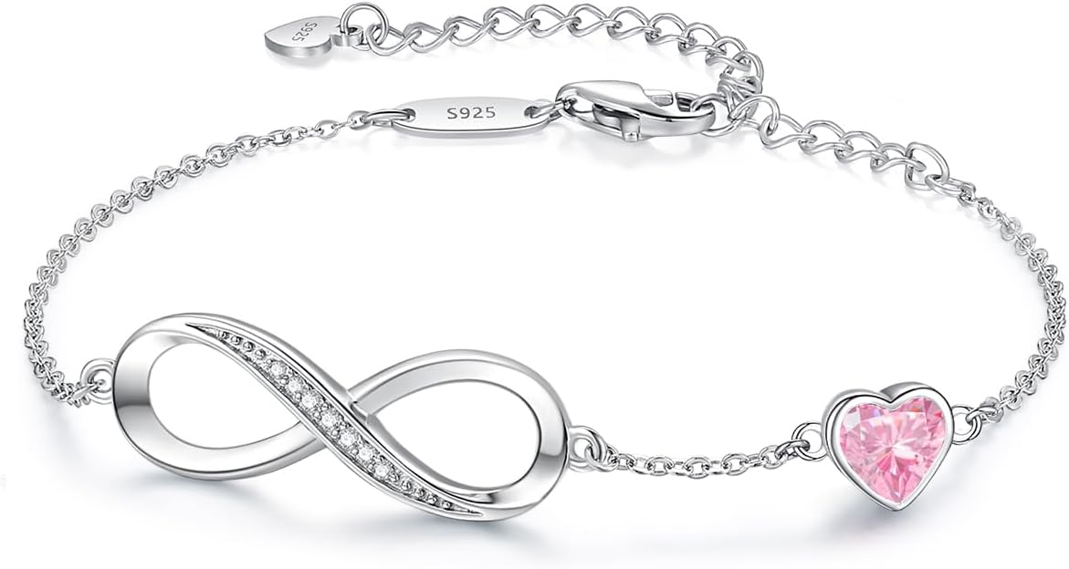 Adjustable 925 sterling silver infinity heart birthstone charm bracelet with romantic design