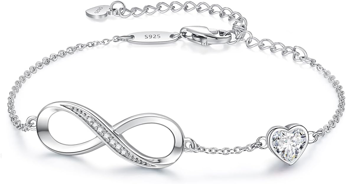 Adjustable 925 sterling silver infinity heart birthstone charm bracelet with romantic design