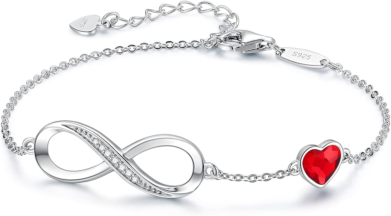 Adjustable 925 sterling silver infinity heart birthstone charm bracelet with romantic design