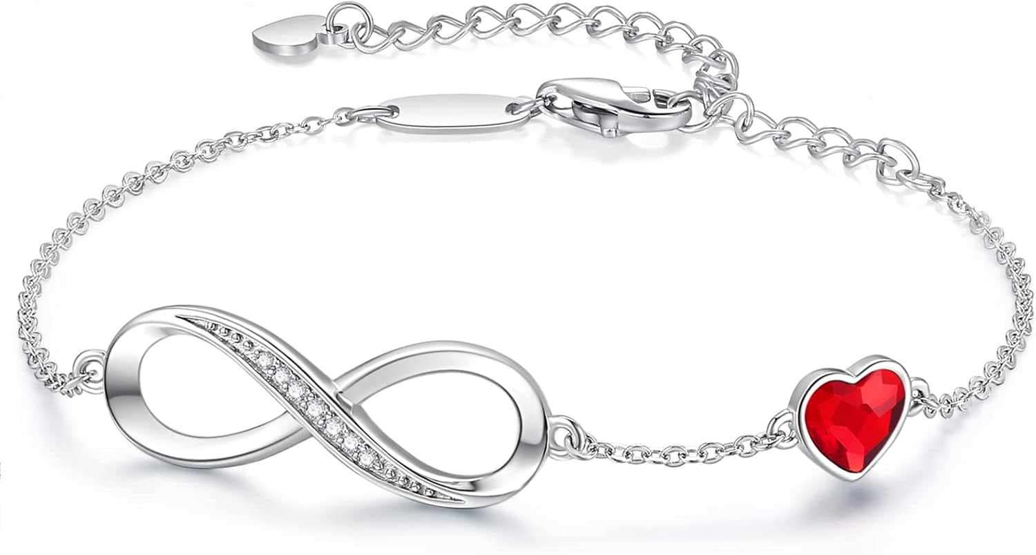 Adjustable 925 sterling silver infinity heart birthstone charm bracelet with romantic design