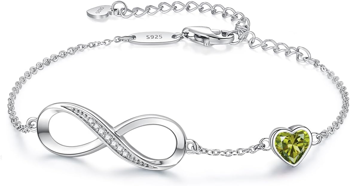 Adjustable 925 sterling silver infinity heart birthstone charm bracelet with romantic design