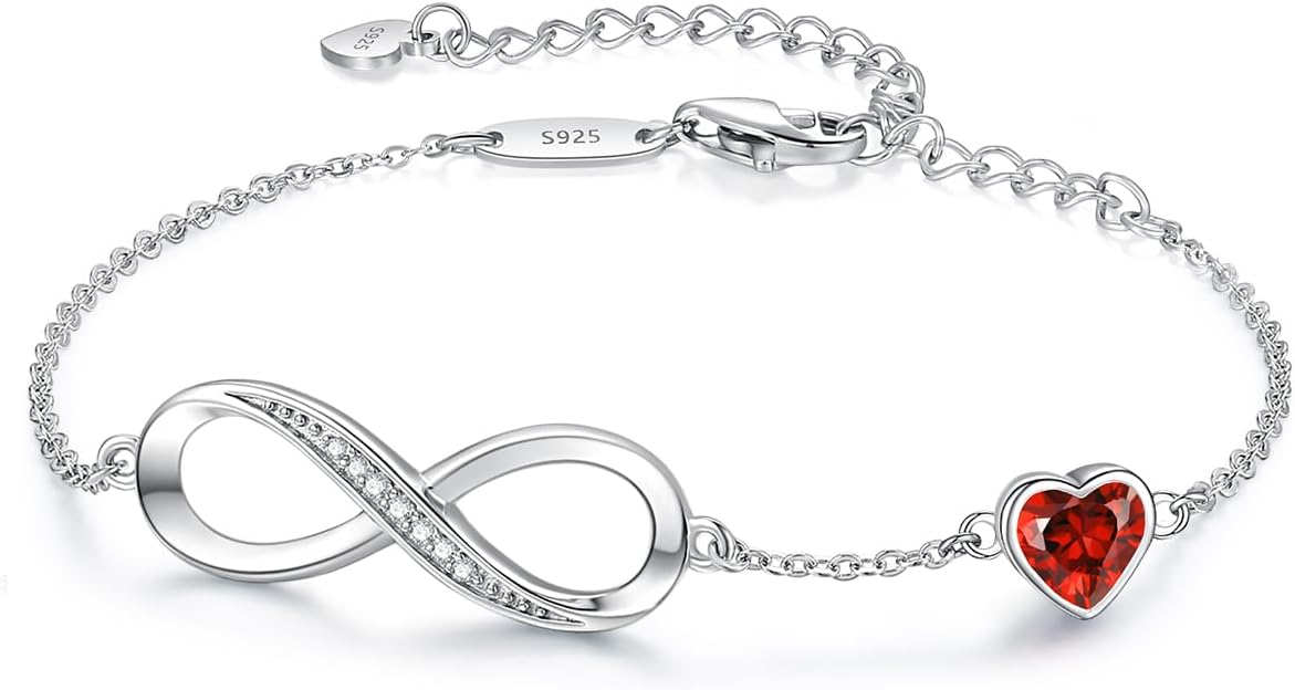 Adjustable 925 sterling silver infinity heart birthstone charm bracelet with romantic design