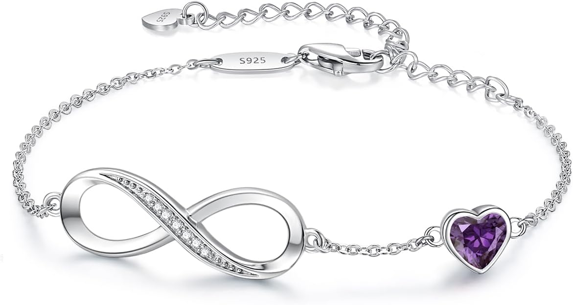 Adjustable 925 sterling silver infinity heart birthstone charm bracelet with romantic design