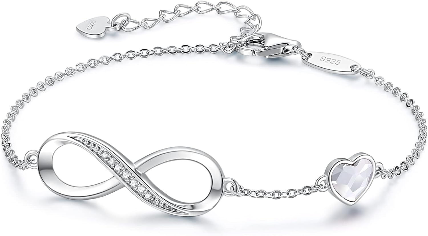 Adjustable 925 sterling silver infinity heart birthstone charm bracelet with romantic design
