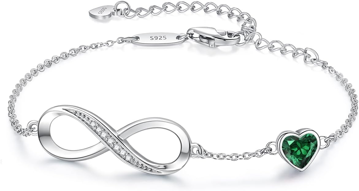 Adjustable 925 sterling silver infinity heart birthstone charm bracelet with romantic design