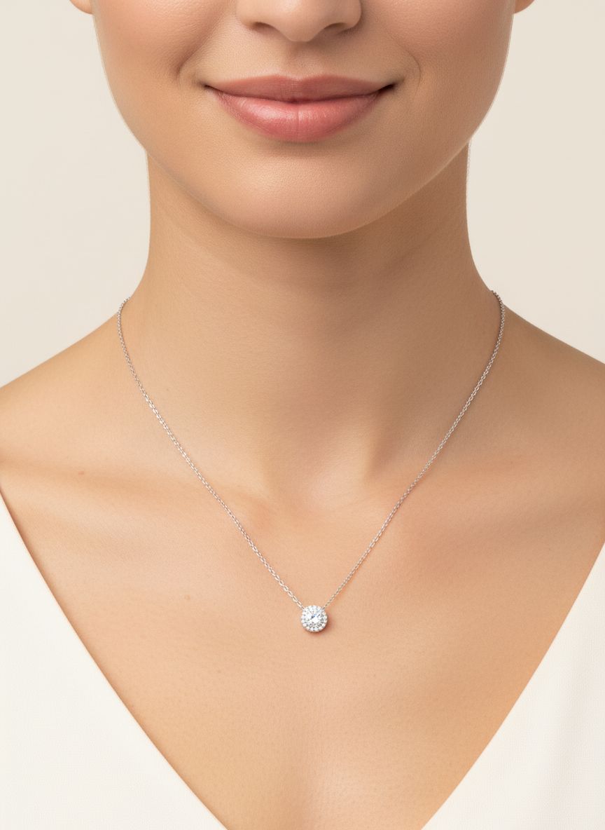 Rhodium-plated angelic crystal pendant necklace with Swarovski stone, 18-inch chain, modern minimalist style
