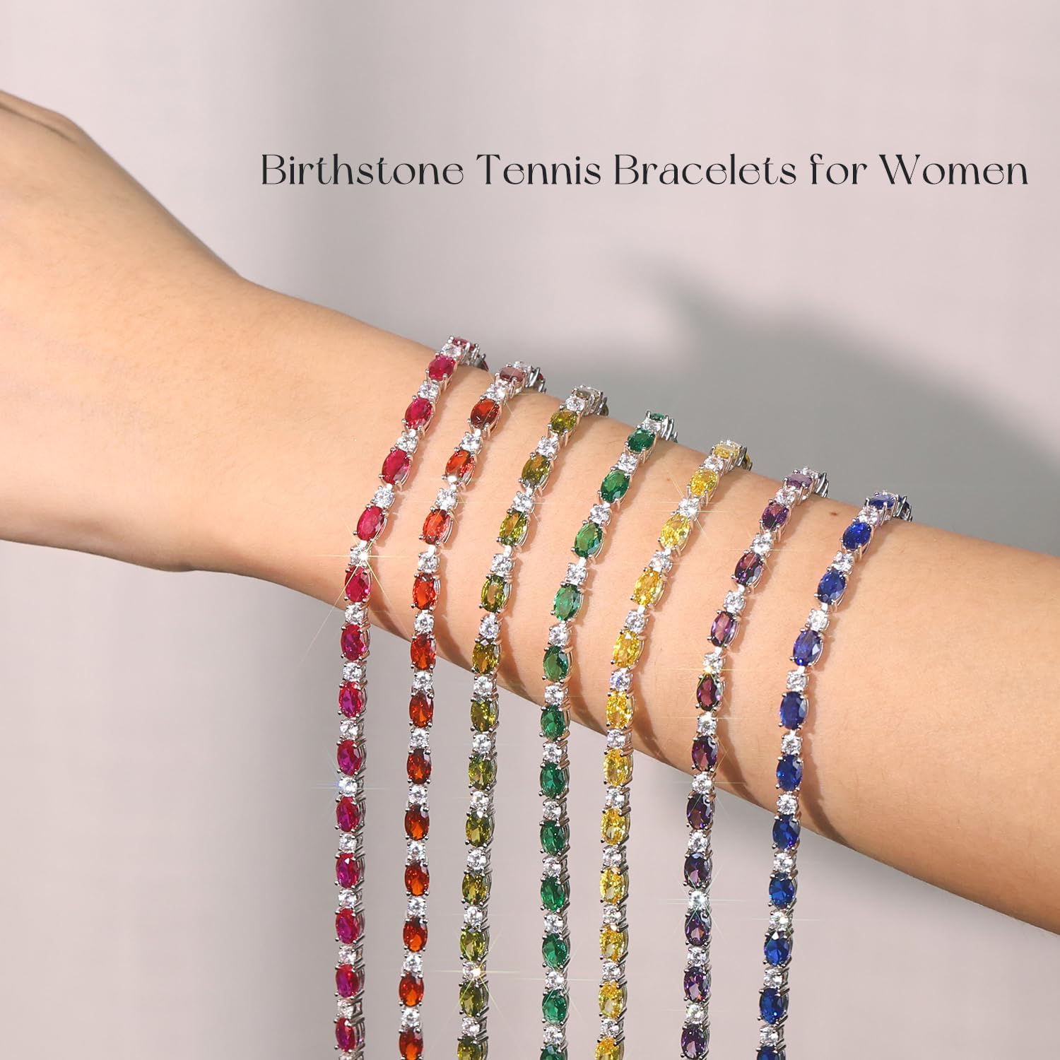 Sterling silver tennis bracelet with birthstone charms, 7-inch length, classic fine jewelry style