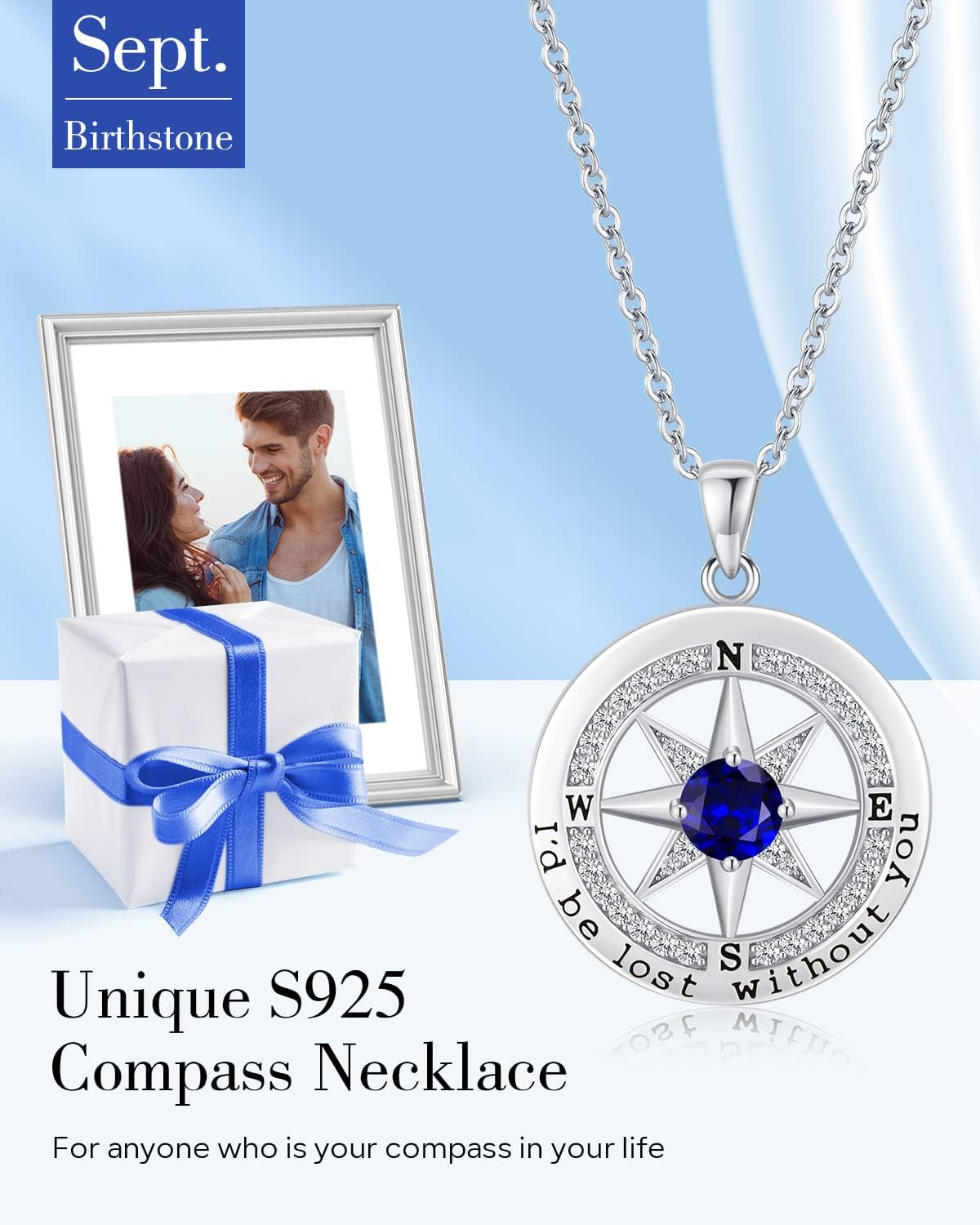 Sterling silver compass pendant necklace with 18K gold plating, 18 inch chain, romantic gift for women
