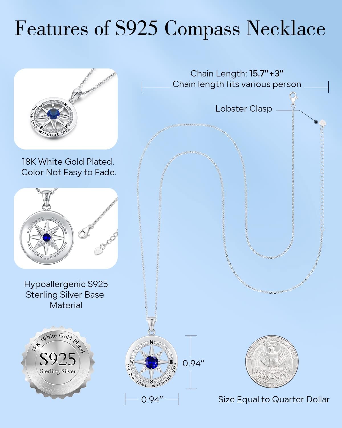 Sterling silver compass pendant necklace with 18K gold plating, 18 inch chain, romantic gift for women