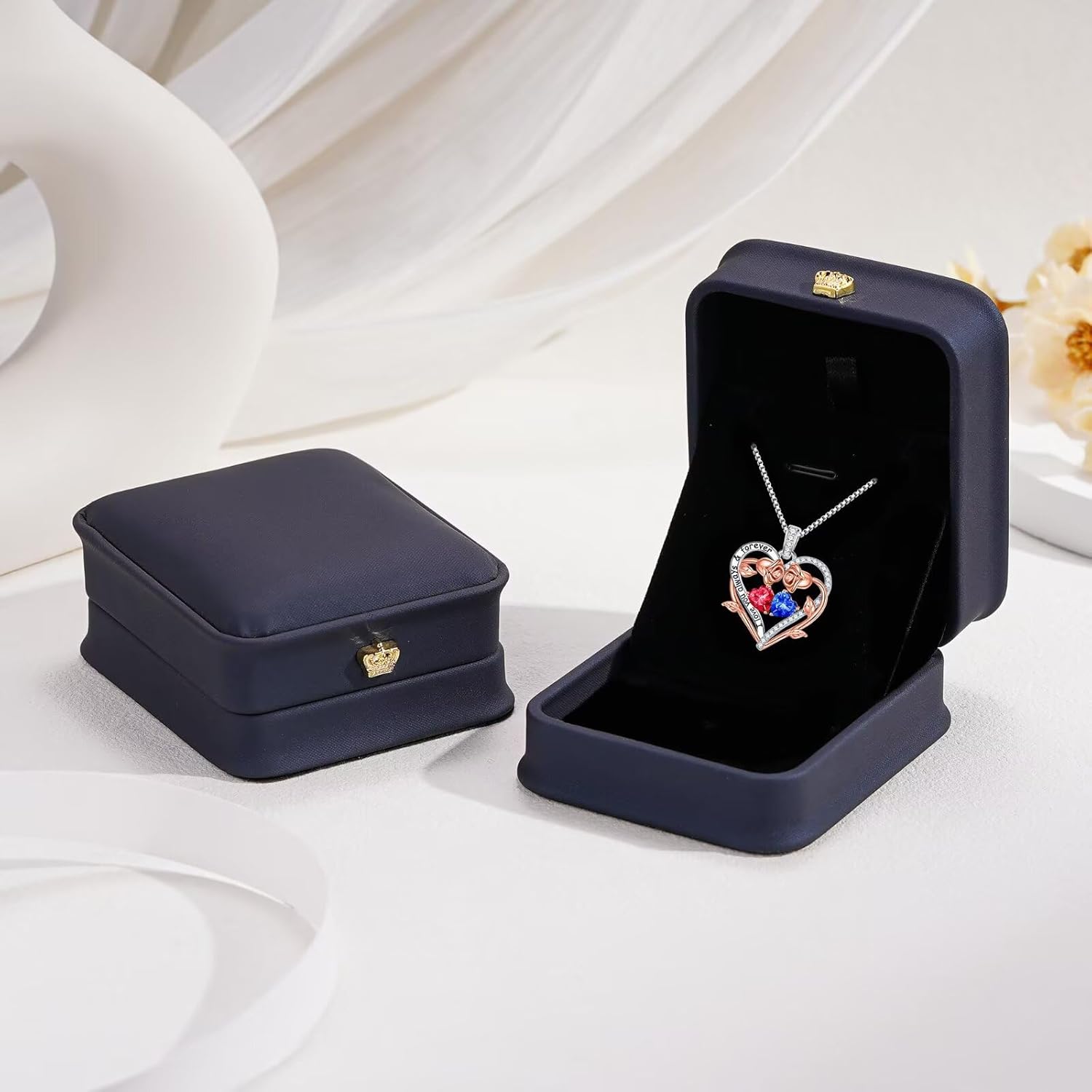 Sterling silver rose heart pendant necklace with two birthstone gems, 18-inch chain, romantic gemstone jewelry