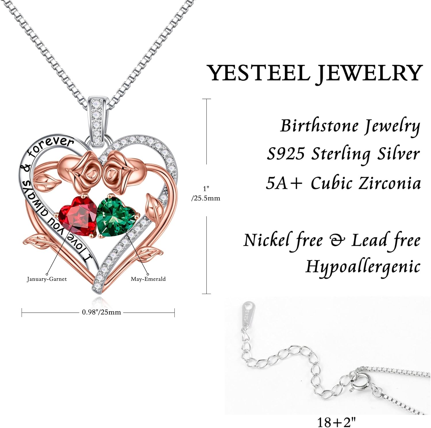 Sterling silver rose heart pendant necklace with two birthstone gems, 18-inch chain, romantic gemstone jewelry