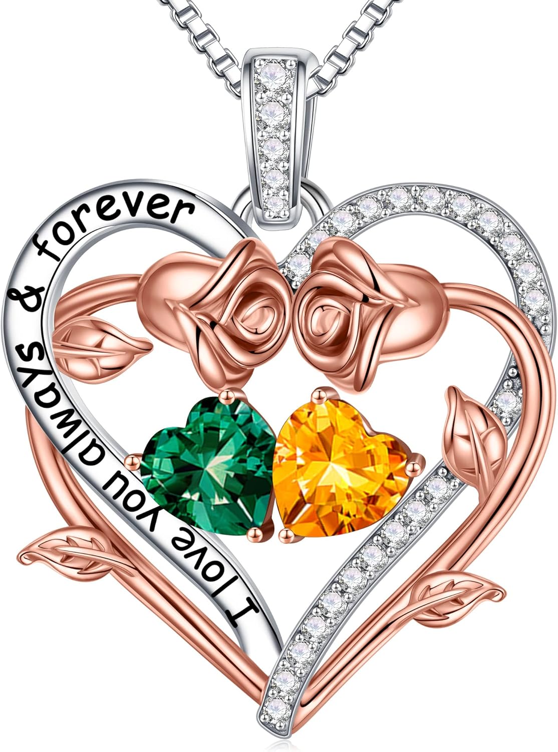 Sterling silver rose heart pendant necklace with two birthstone gems, 18-inch chain, romantic gemstone jewelry