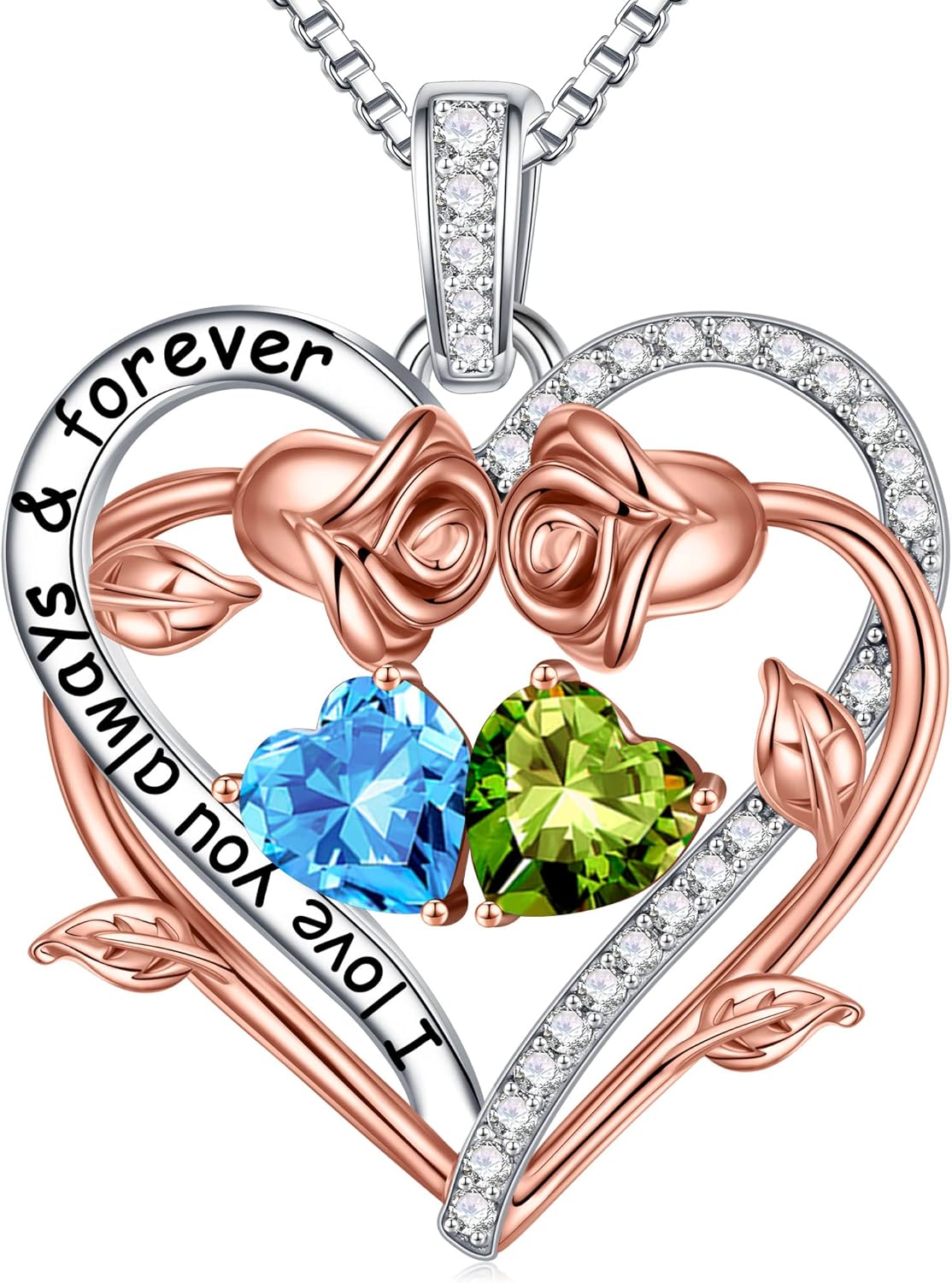 Sterling silver rose heart pendant necklace with two birthstone gems, 18-inch chain, romantic gemstone jewelry
