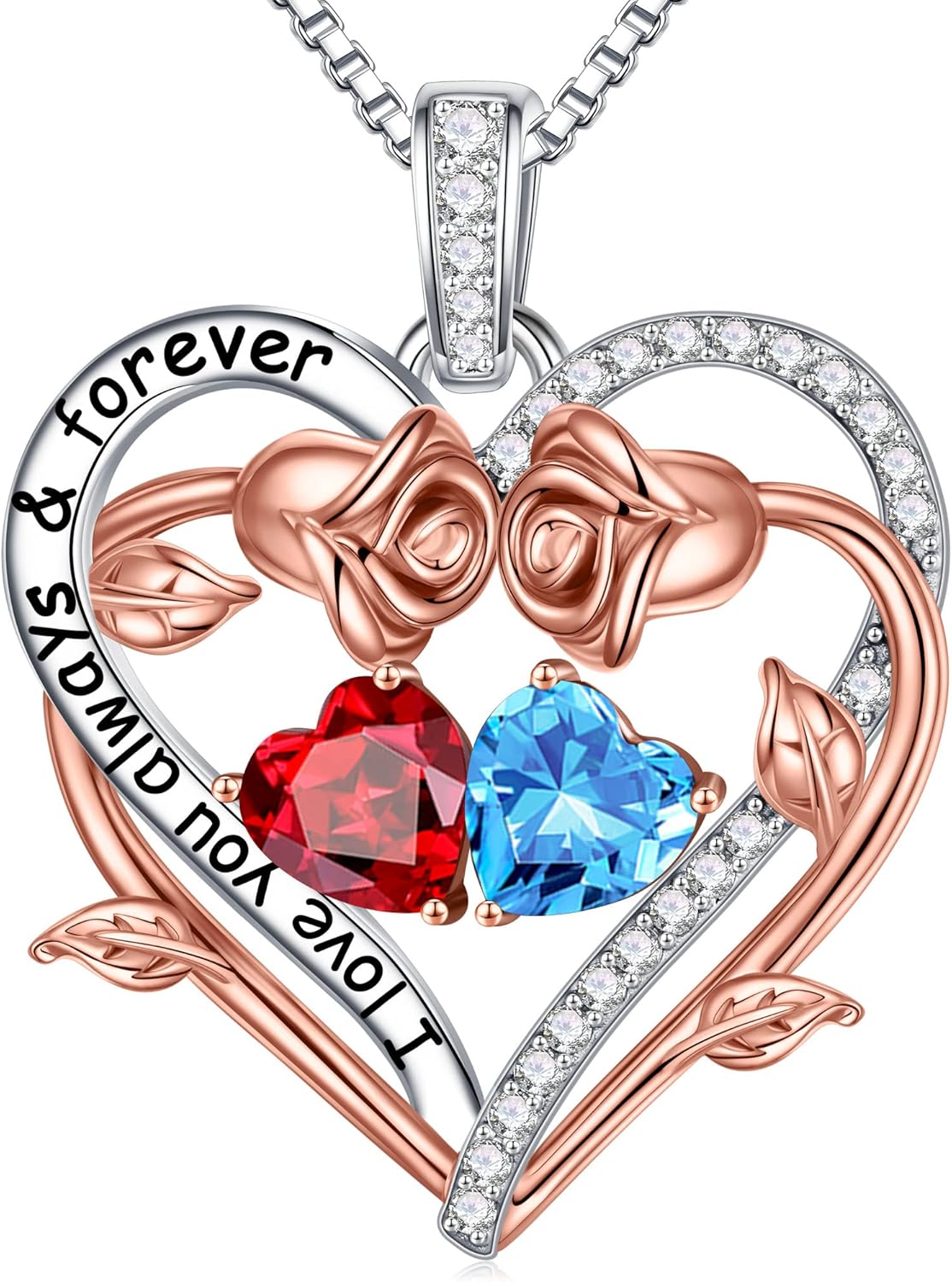 Sterling silver rose heart pendant necklace with two birthstone gems, 18-inch chain, romantic gemstone jewelry