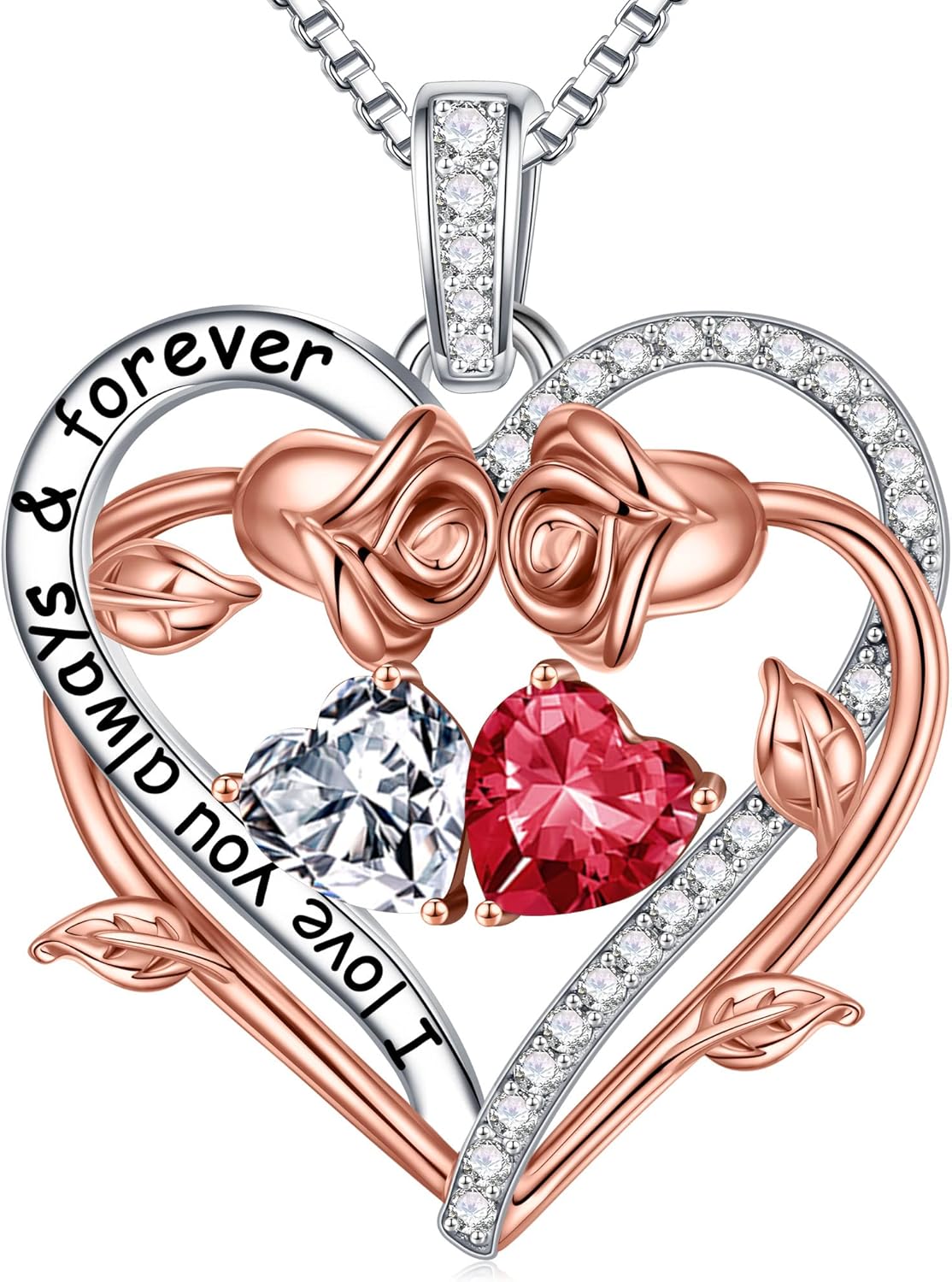 Sterling silver rose heart pendant necklace with two birthstone gems, 18-inch chain, romantic gemstone jewelry