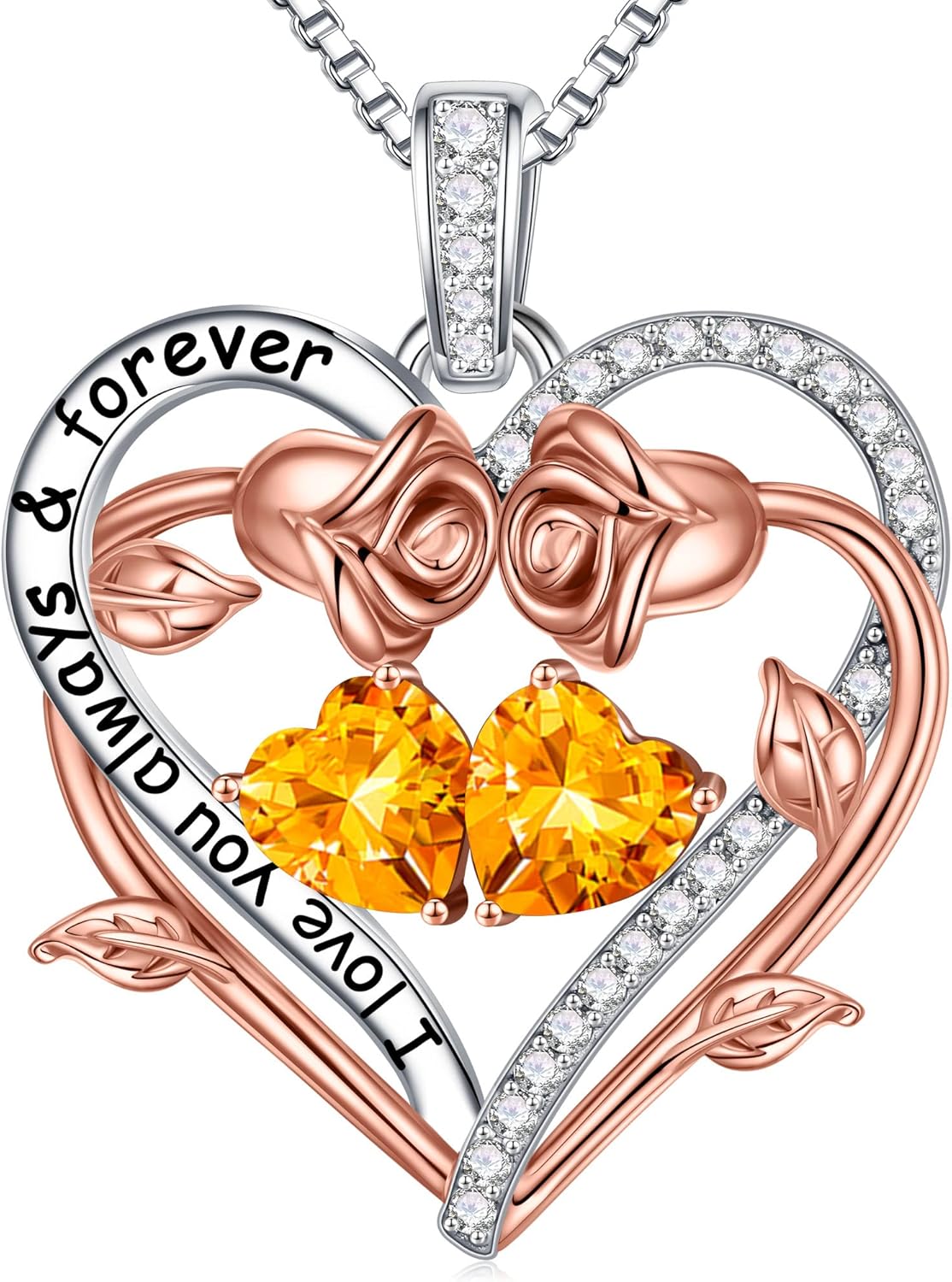 Sterling silver rose heart pendant necklace with two birthstone gems, 18-inch chain, romantic gemstone jewelry