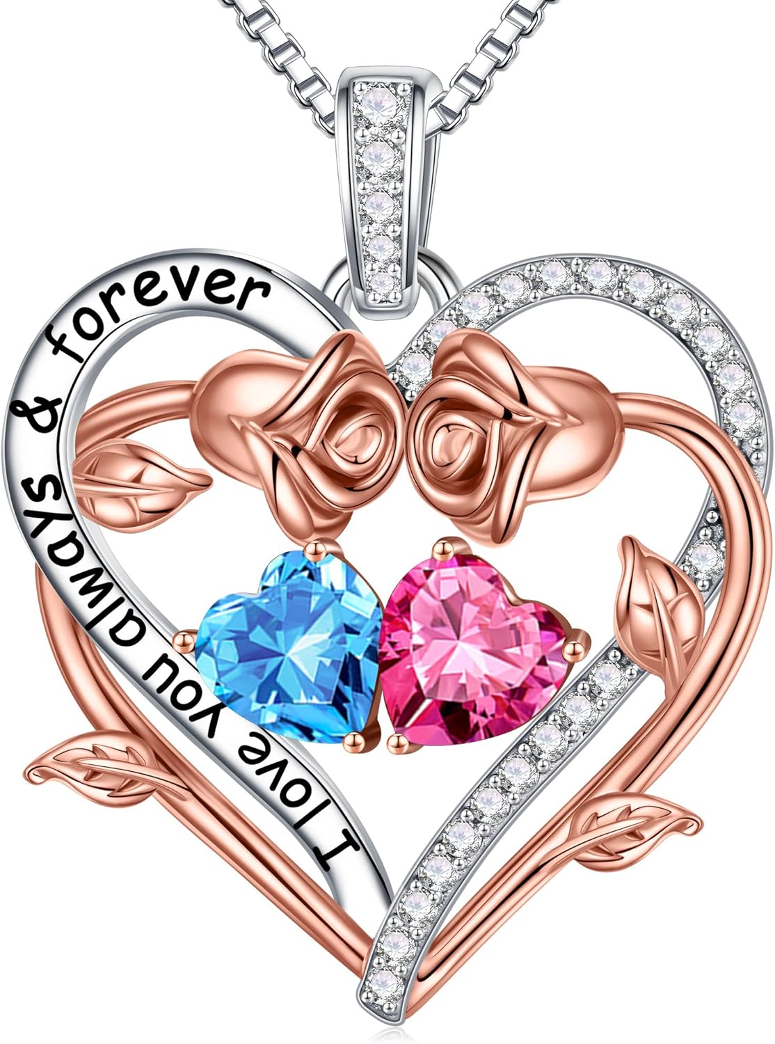 Sterling silver rose heart pendant necklace with two birthstone gems, 18-inch chain, romantic gemstone jewelry