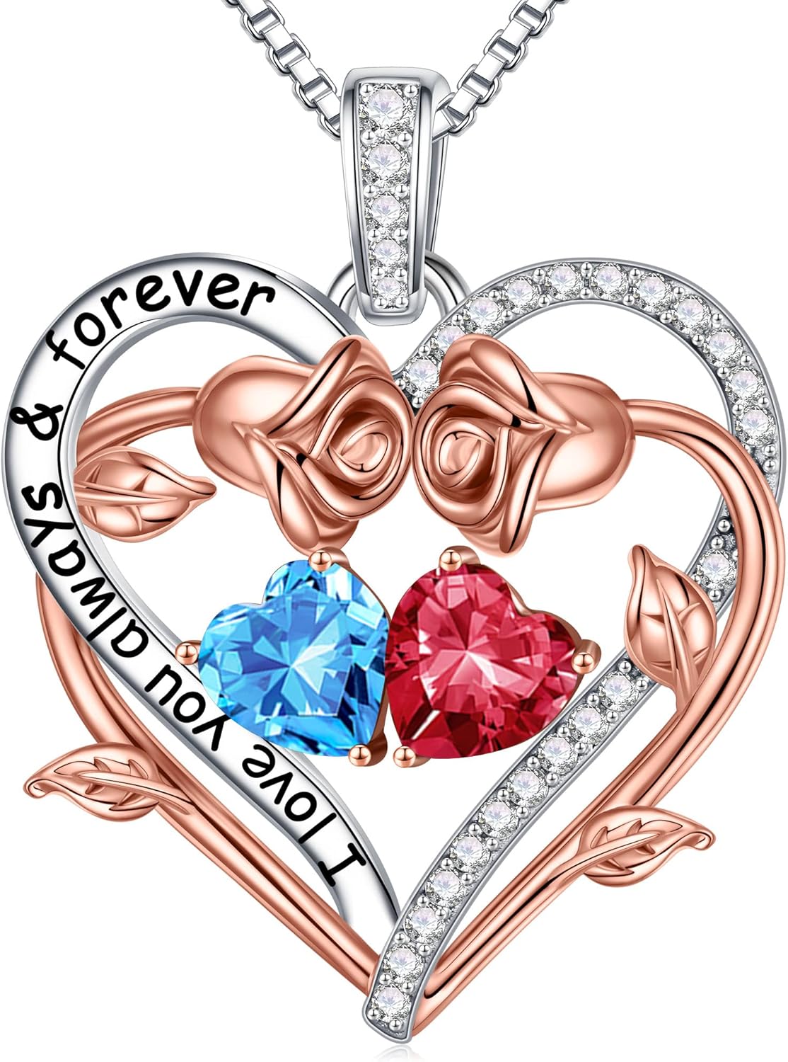 Sterling silver rose heart pendant necklace with two birthstone gems, 18-inch chain, romantic gemstone jewelry