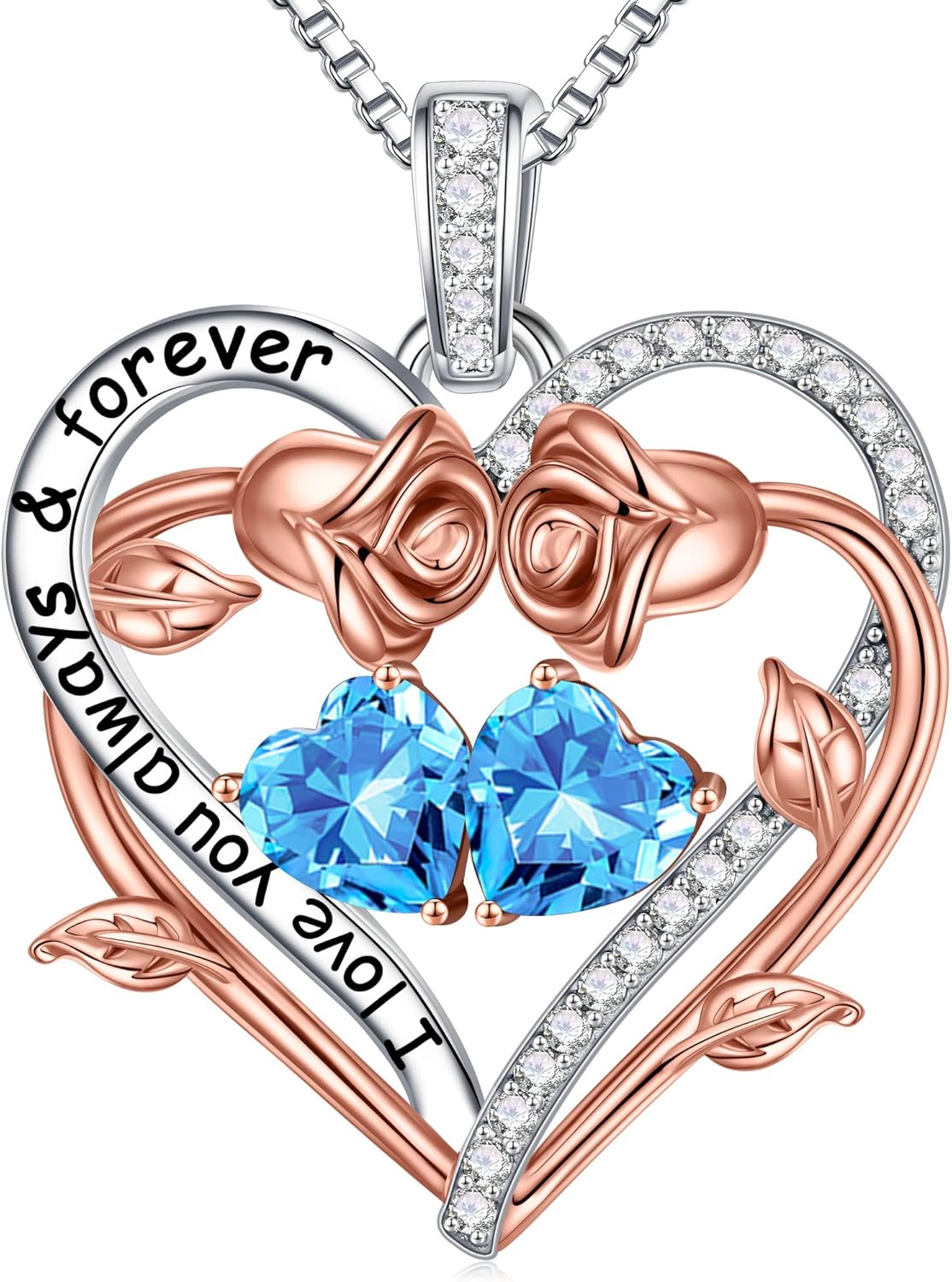 Sterling silver rose heart pendant necklace with two birthstone gems, 18-inch chain, romantic gemstone jewelry