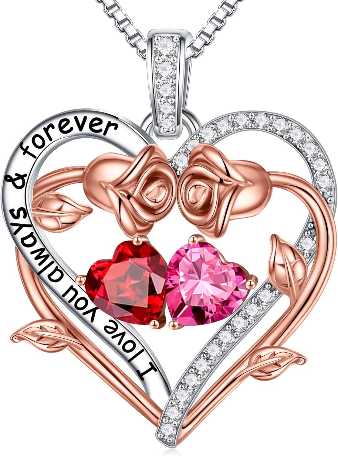 Sterling silver rose heart pendant necklace with two birthstone gems, 18-inch chain, romantic gemstone jewelry
