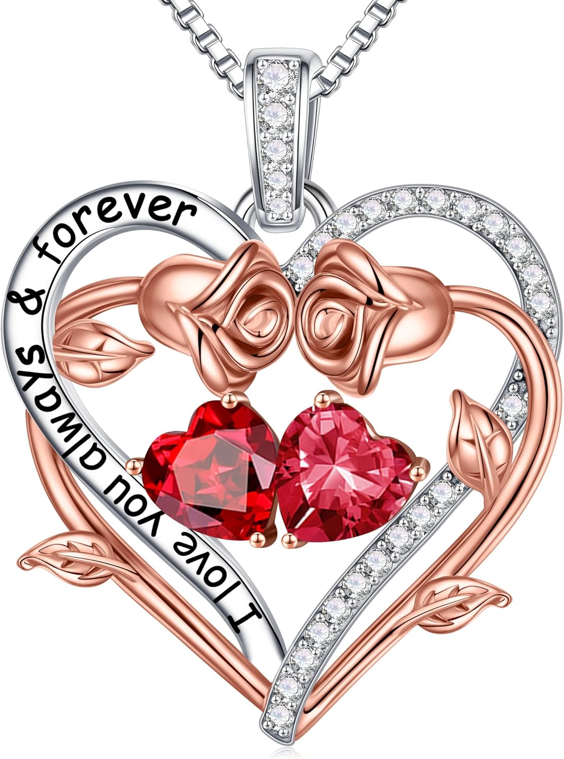 Sterling silver rose heart pendant necklace with two birthstone gems, 18-inch chain, romantic gemstone jewelry