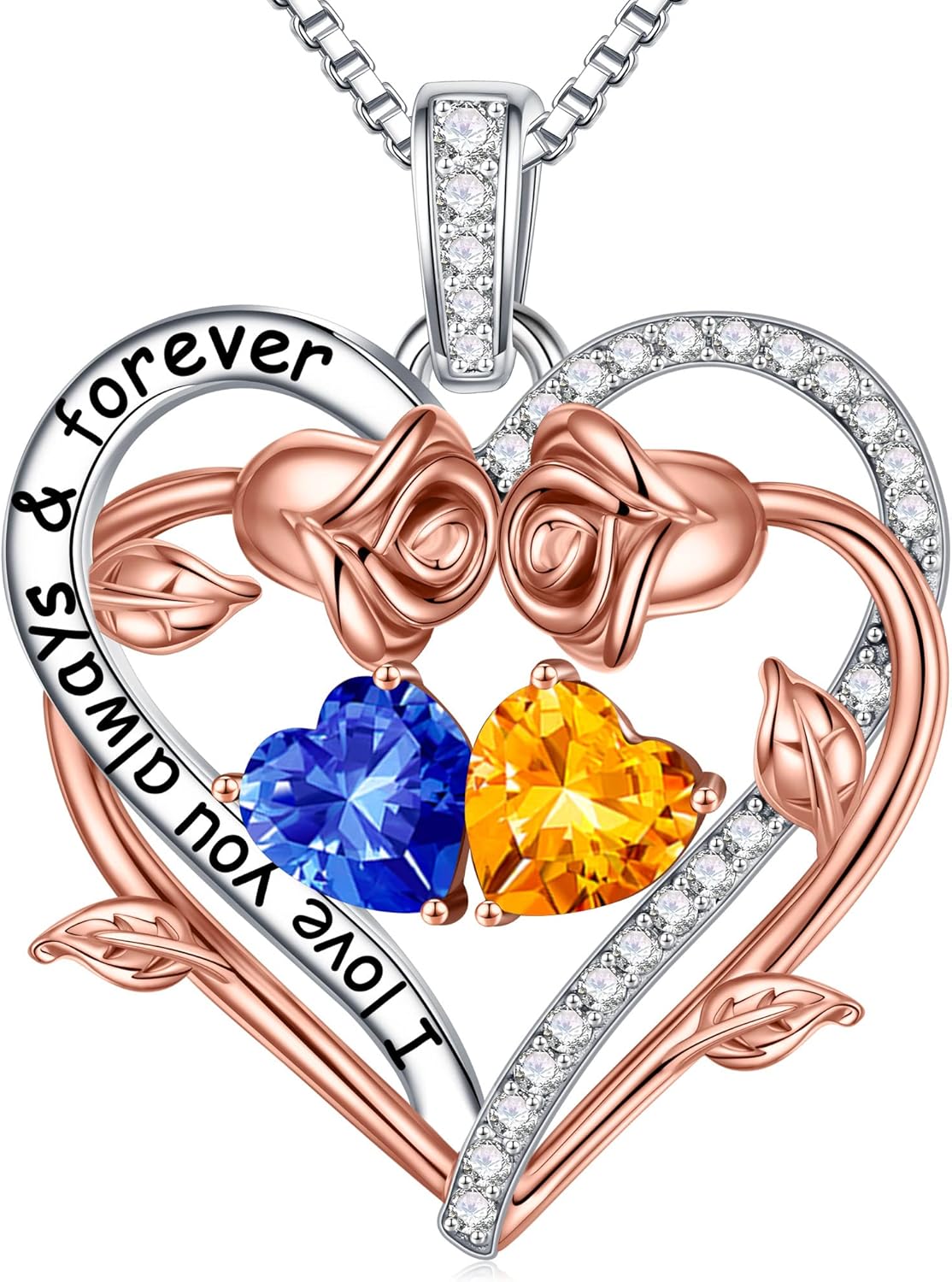 Sterling silver rose heart pendant necklace with two birthstone gems, 18-inch chain, romantic gemstone jewelry