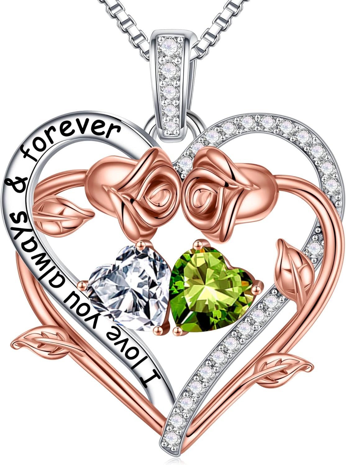 Sterling silver rose heart pendant necklace with two birthstone gems, 18-inch chain, romantic gemstone jewelry