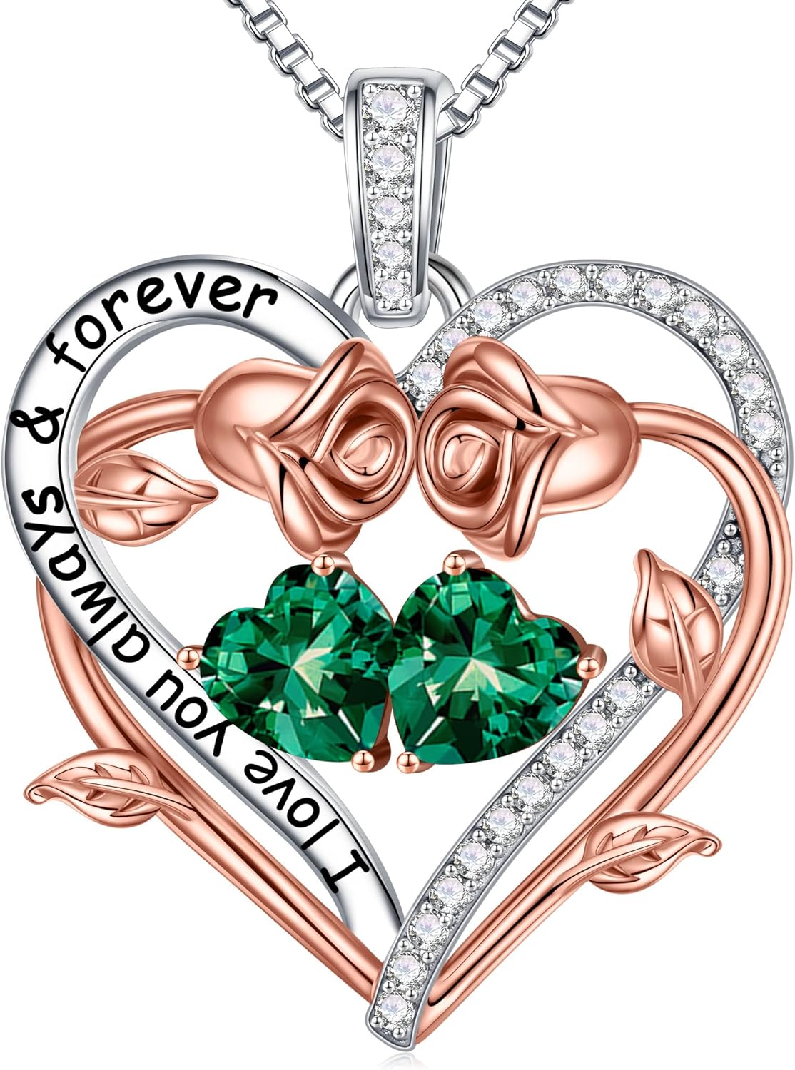 Sterling silver rose heart pendant necklace with two birthstone gems, 18-inch chain, romantic gemstone jewelry