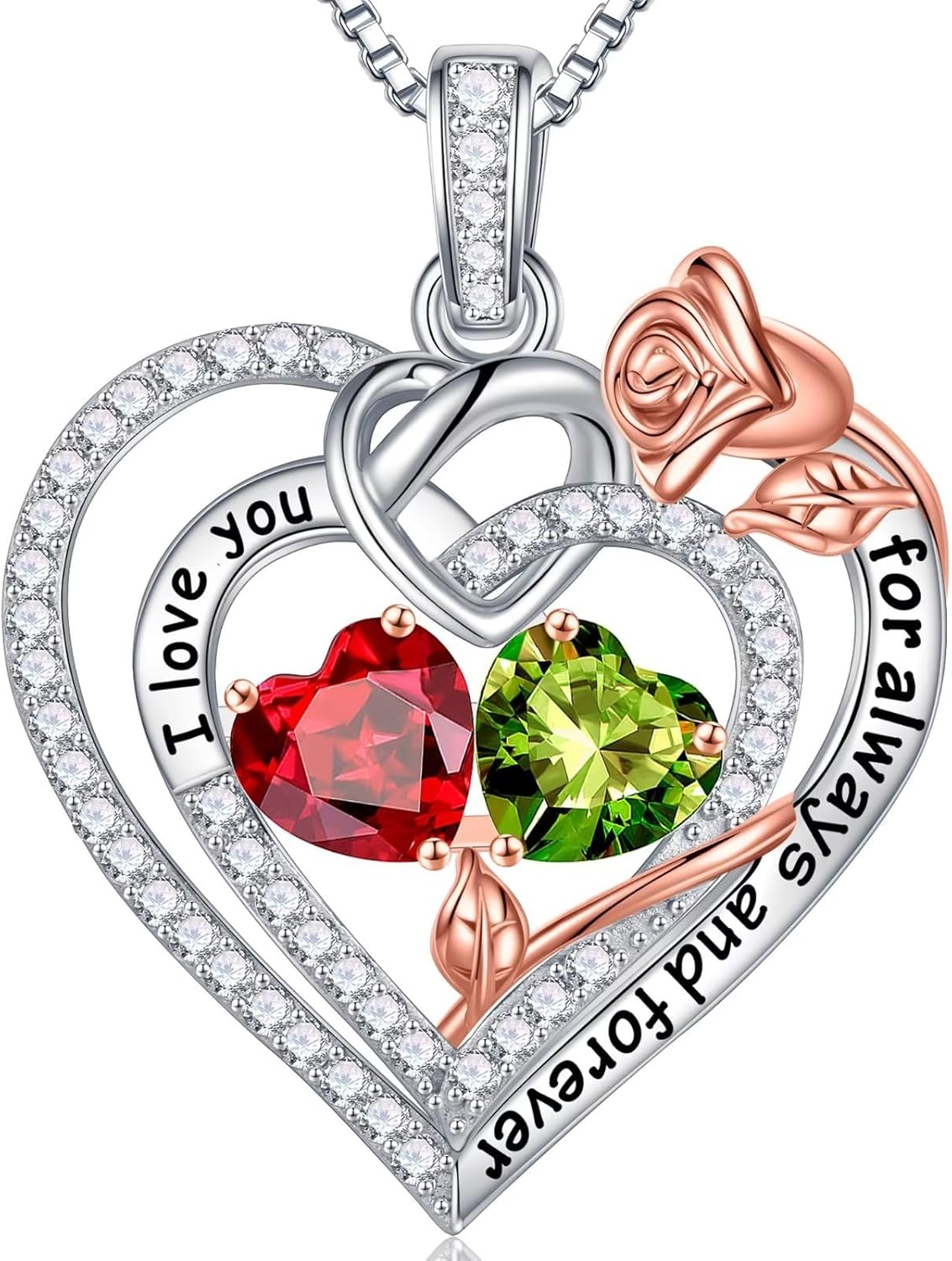Sterling silver double birthstone pendant necklace on 18-inch chain, romantic gift for mom and wife