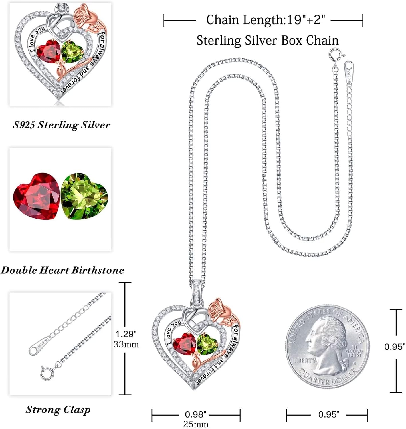 Sterling silver double birthstone pendant necklace on 18-inch chain, romantic gift for mom and wife