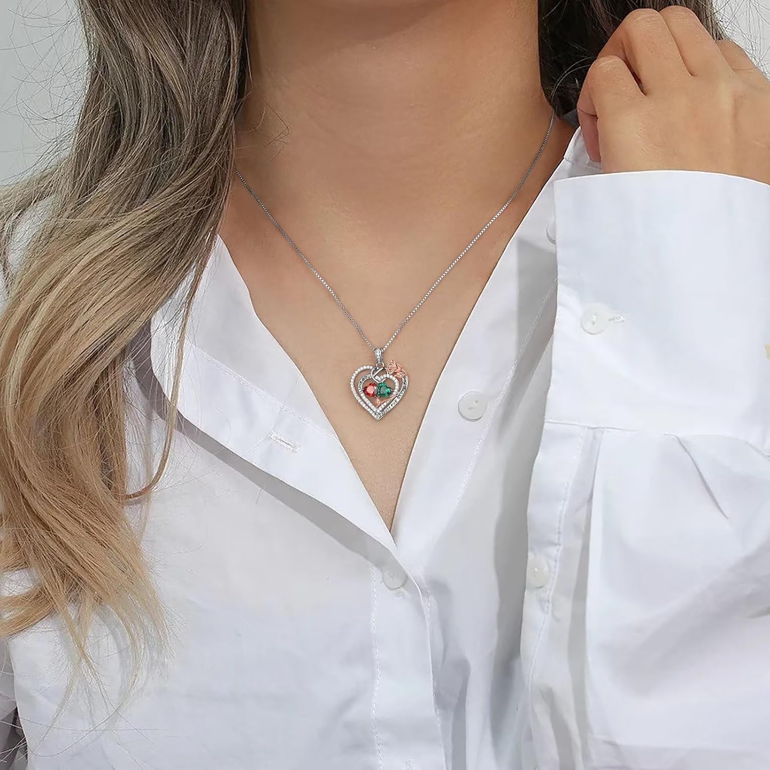 Sterling silver double birthstone pendant necklace on 18-inch chain, romantic gift for mom and wife