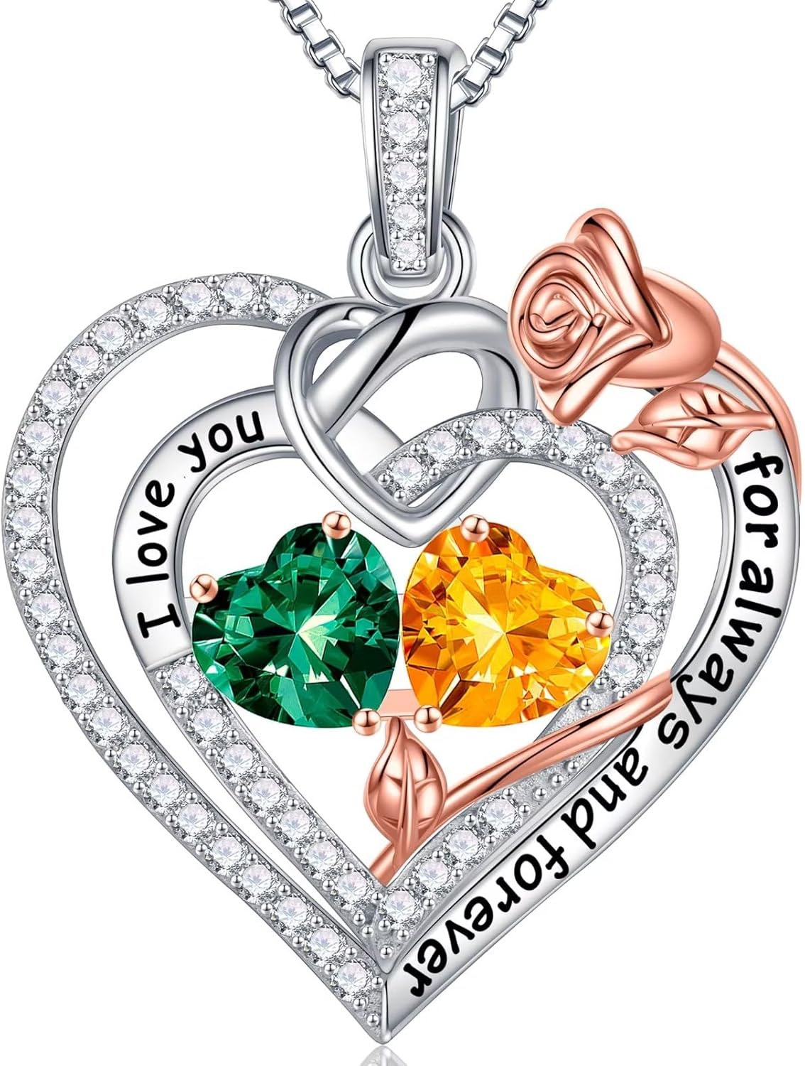 Sterling silver double birthstone pendant necklace on 18-inch chain, romantic gift for mom and wife